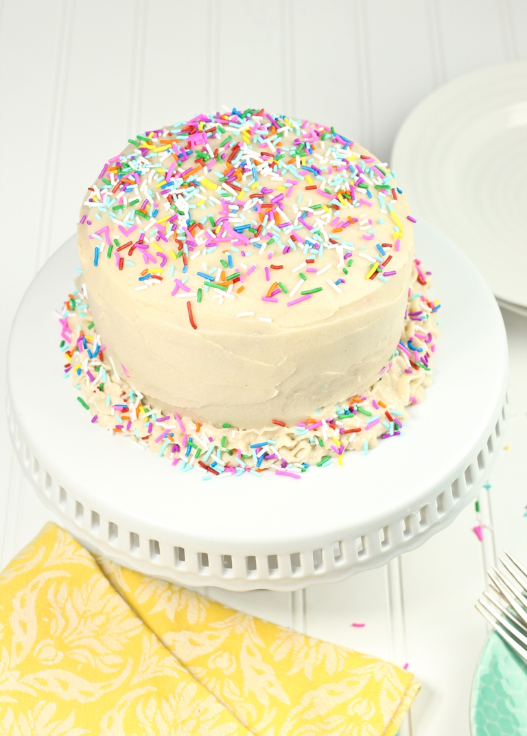 Vegan funfetti birthday cake with sprinkles and vanilla buttercream