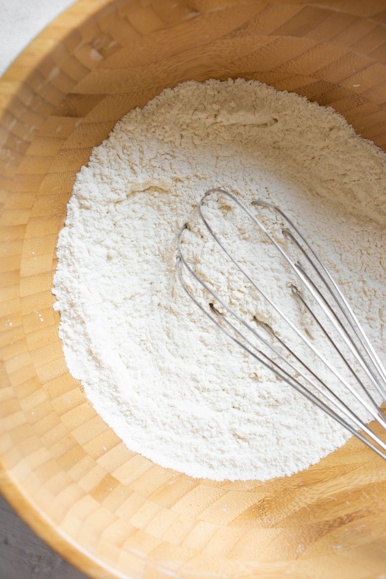 Dry ingredients mixed in wood bowl